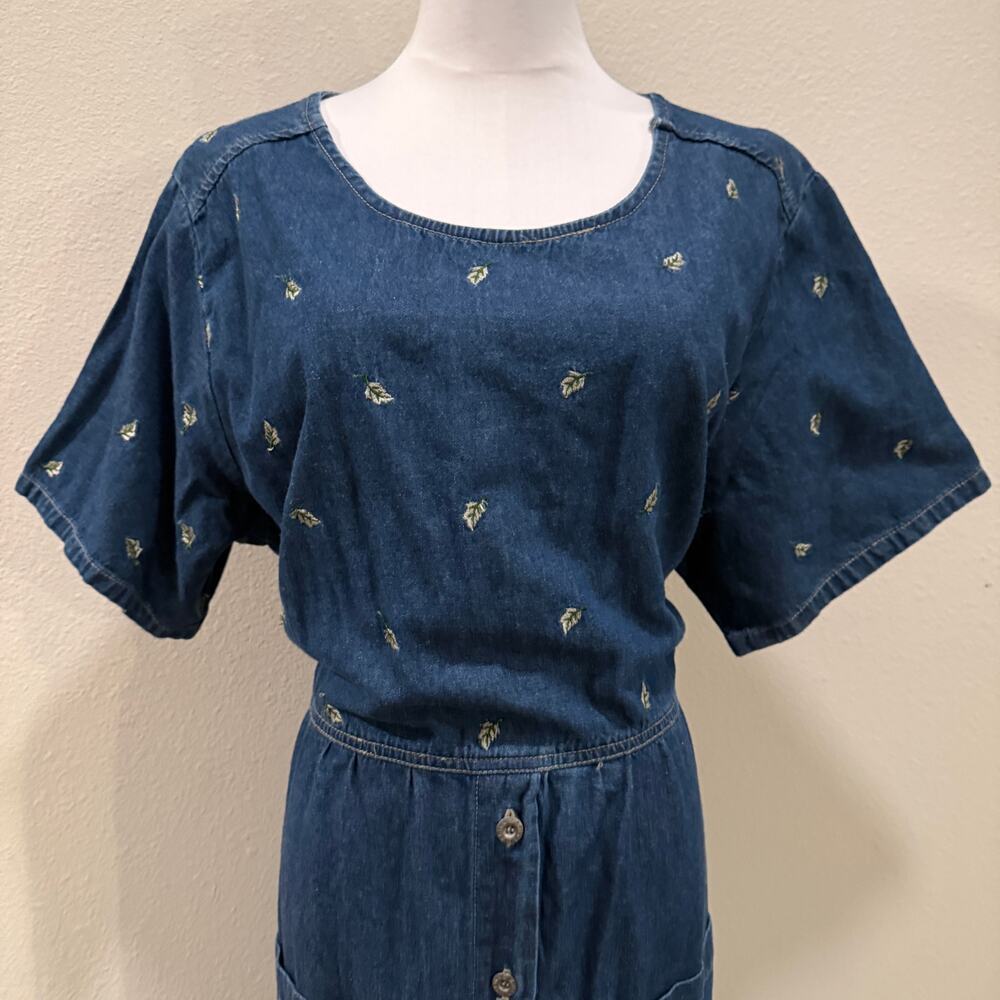 Vintage Erika Co Embroidered Chambray Denim Midi Dress 1X Cotton Cottage Modest - Picture 4 of 12